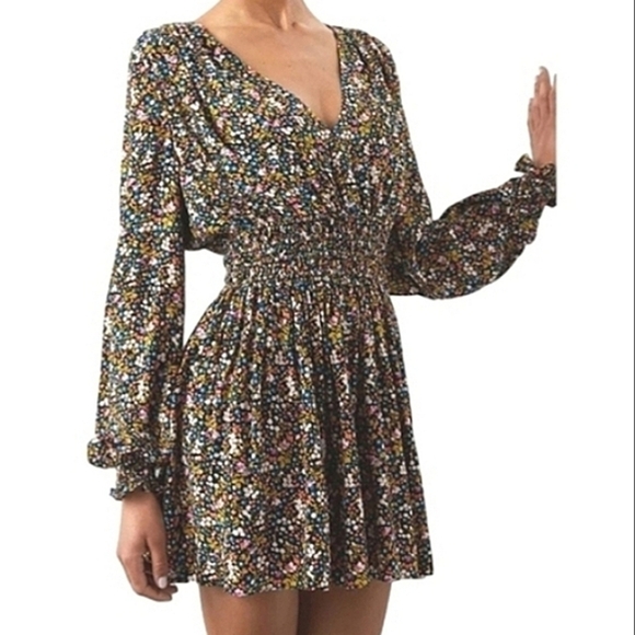 Rails Dresses & Skirts - Rails Delaney Dark Ditsy Floral Smocked Mini Dress Size S Long Sleeve Boho Fall